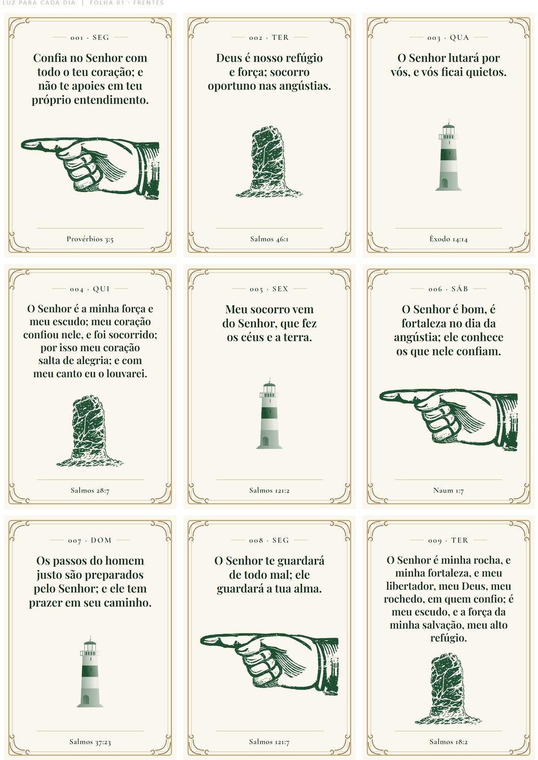 Folha 01 da coleção Luz para Cada Dia: nove cards com o versículo completo e gravura, prontos para recortar