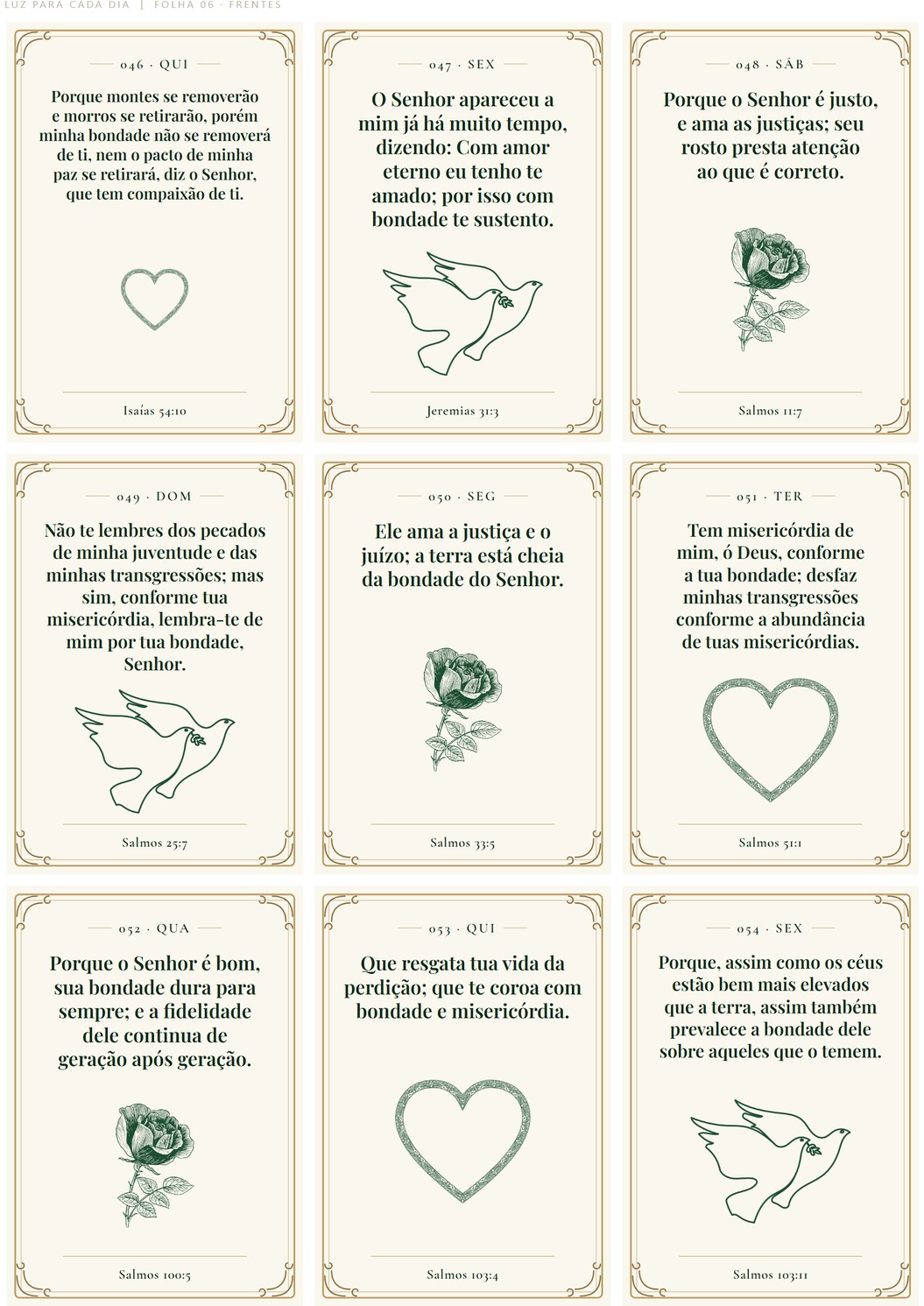 Folha 06 com os cards 046 a 054, sobre amor