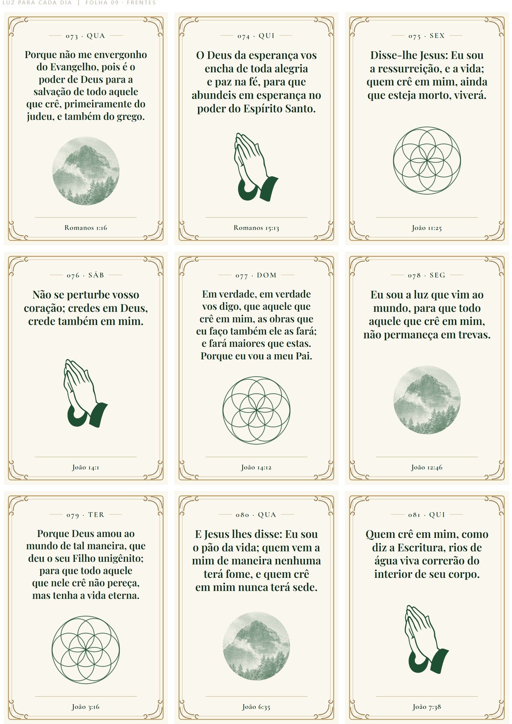 Folha 09 com os cards 073 a 081, sobre fé