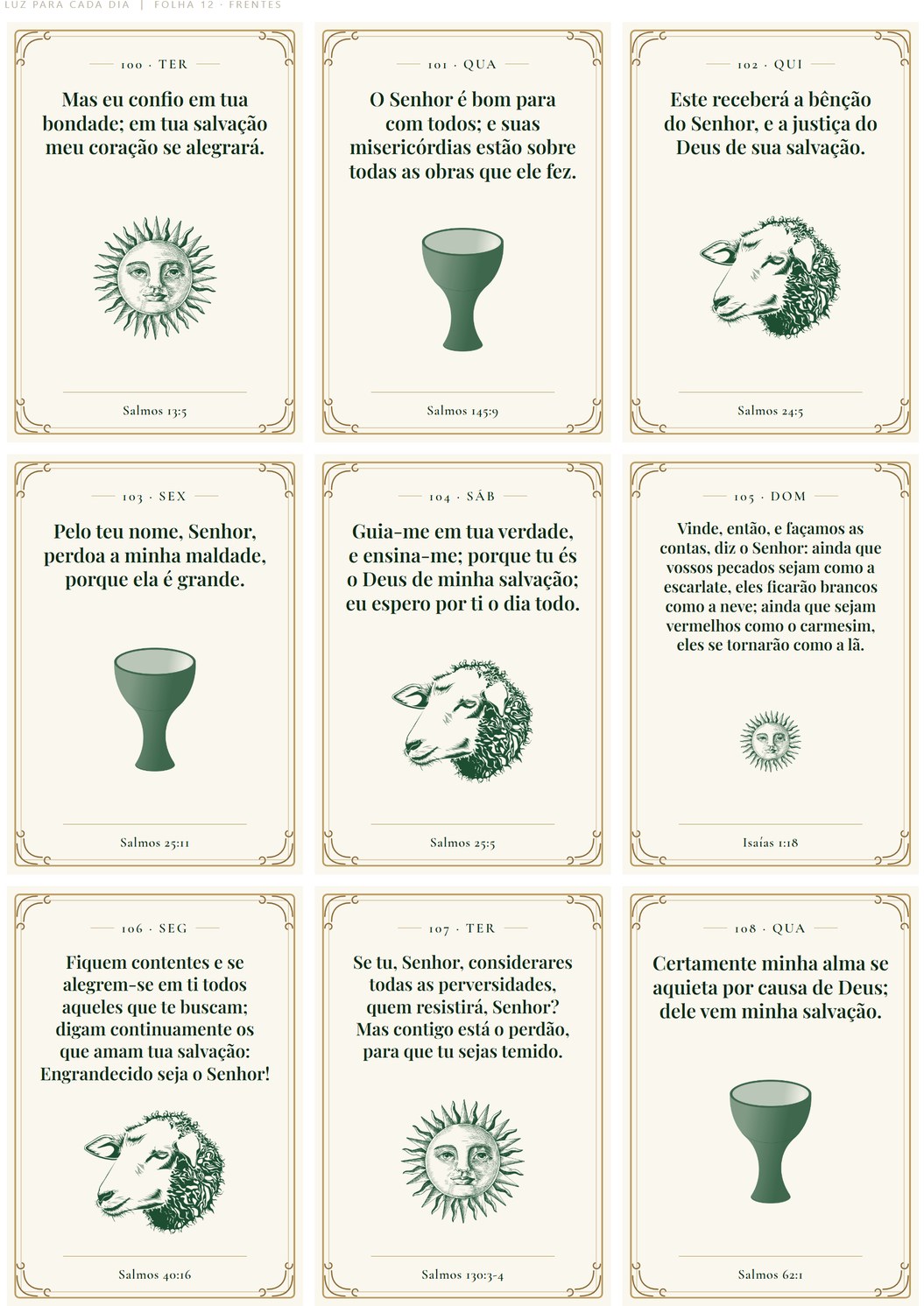Folha 12 com os cards 100 a 108, sobre graça, ilustrados com cálice, cordeiro e sol gravado