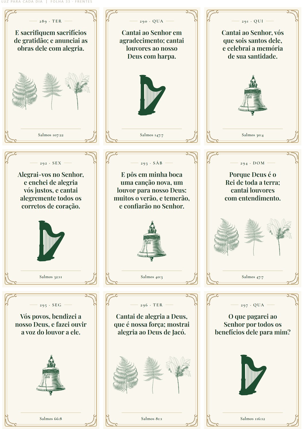 Folha 33 com os cards 289 a 297, sobre gratidão, ilustrados com harpa, sino e ramos